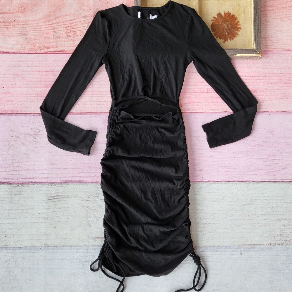 Princess Polly Black Long Sleeve Ribbed Knit Cut Out Ruched Bodycon Dress 4US